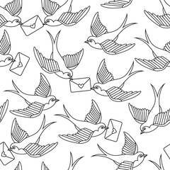 Fototapeta premium Vector old school seamless pattern with birds and love letters