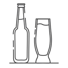 Beer bottle and glass. Alcoholic drink icon. Flat line art outline vector.