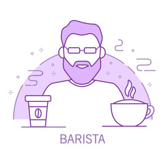 Barista outline cartoon character with a cappuccino and a paper cup of coffee.Hot drink. Line art  vector.