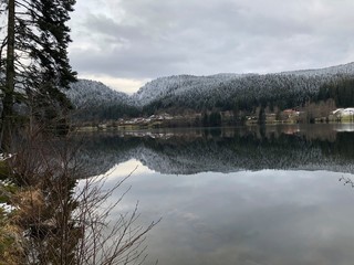 lac arbre for&ecirc;t reflet montagne neige