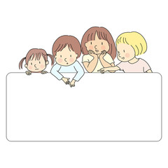 Vector illustration of four little kids, boy & girls, pointing and looking at  blank template for presentation, brochure or banner. Education and learning concept. Cartoon character drawing style.