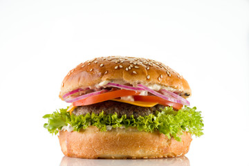  hamburger with beef cutlet for restaurant menu on a white background