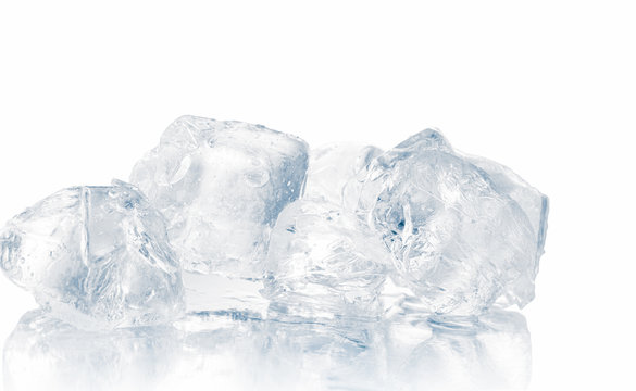 Natural crystal clear melting single ice cubes on white background.