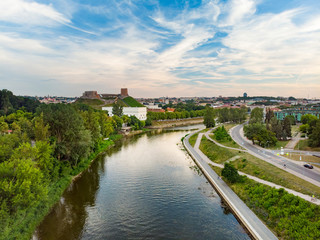 Fototapeta na wymiar Beautiful aerial landscape of Neris river winding through Vilnius city.