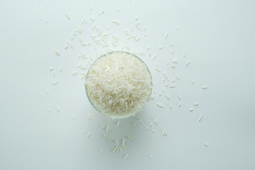 White rice on bowl isolated white background