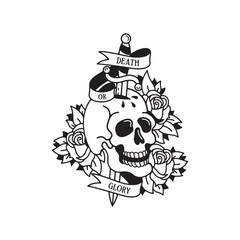 Old school tattoo emblem label with skull dagger rose symbols and wording death or glory. Traditional tattooing style ink.