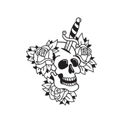 Old school tattoo emblem label with skull dagger rose symbols. Traditional tattooing style ink.
