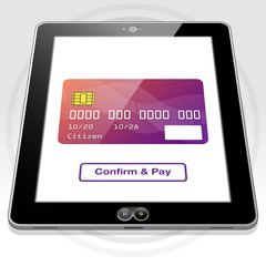 A credit card graphic and purchase button presented on a Tablet PC screen.