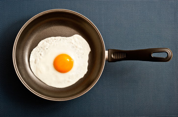 fried egg in pan over black background 