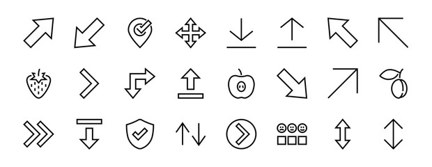 Set of line arrows, directions, arrows, contains icons such as pause, continuation, directly, to the right, Editable stroke. 480x480, On a white background, Vector illustration