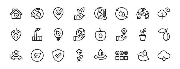 Set of icons on the theme of Ecology, vector lines, contains icons such as electric car, global warming, forest, eco, watering plants and much more. Editable stroke, White background.