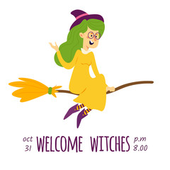 Halloween vector card, postcard, poster, invitation, flyer with people in different carnival costumes having fun in cartoon style isolated on white background.