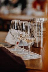 White and rose wine close up view glass and carafe wine. 