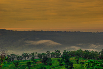 abstract background blur view of the sun shining through the clouds,surrounded by large mountains and various species of trees