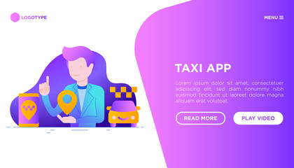 Man using taxi app. Web page template with flat icons: app settings, info, support service, location, pointer, route, destination. Vector illustration.