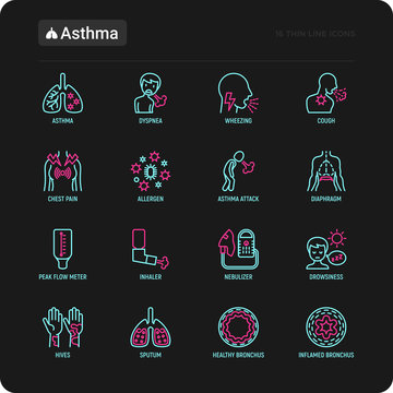 Asthma thin line icons set: allergen, dyspnea, cough, wheezing, chest pain, diaphragm, asthma attack, hives, sputum, peak flow meter, inhaler, nebulizer. Modern vector illustration.
