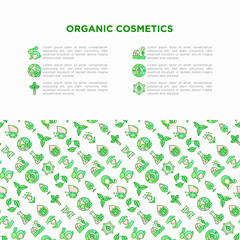 Organic cosmetics concept with thin line icons. Cruelty free, 0% alcohol, natural ingredients, paraben free, eco friendly, no mineral oil, non GMO. Мector illustration, template with copy space.