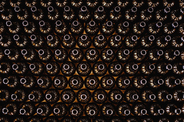 Industrial view bottle wine. Close up winery factory. 