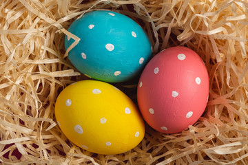 Colorful polka dot Easter eggs in wooden nest, greeting card, top view
