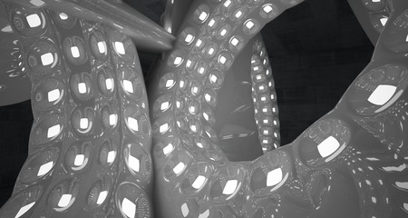 Obraz premium Architectural background. Abstract concrete interior with smooth glossy white discs. Neon lighting. 3D illustration and rendering.