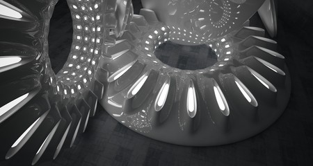 Obraz premium Architectural background. Abstract concrete interior with smooth glossy white discs. Neon lighting. 3D illustration and rendering.