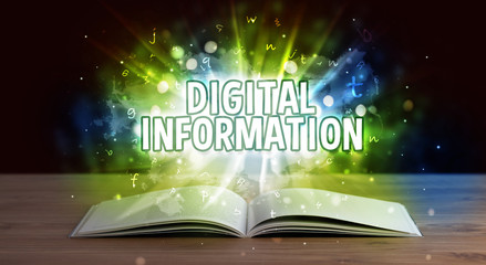 DIGITAL INFORMATION inscription coming out from an open book, educational concept