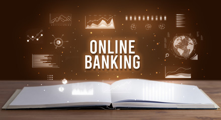 ONLINE BANKING inscription coming out from an open book, creative business concept