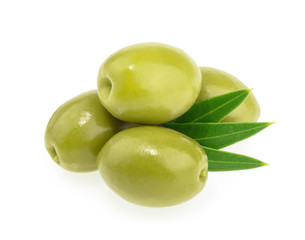 Green olives isolated on white background