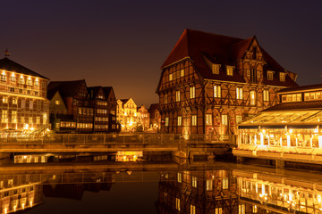 long exposure shot of .half-timbered houses in lüneburg at night, schleswig-holstein, germany