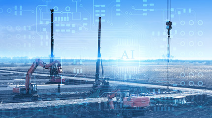 Fototapeta premium construction automation concept, calculation and planning of pile installation, management of piling machines and artificial intelligence equipment, data transfer through cloud systems