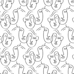 Glamour one line drawing women faces seamless pattern texture