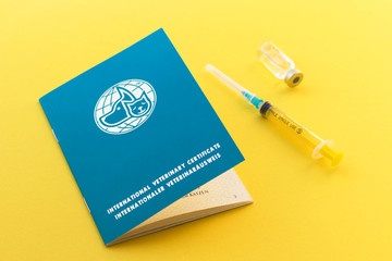 Syringe, glass vial with liquid and animal passport for indicating vaccinations and microchip...