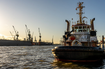 ship at bridge 10 famous fish buns at landungsbrücken in Hamburg, germany