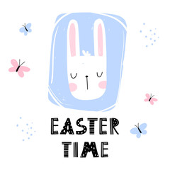 Vector color hand-drawn children’s illustration, print, card with a cute bunny, butterflies and lettering easter time in Scandinavian style on a white background.Cute baby animals. Easter card.