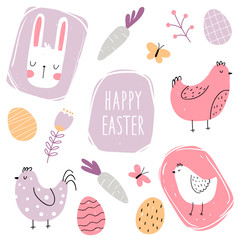 Vector color hand-drawn children’s cute easter set with hens, bunny, easter eggs carrots, butterfly and flowers in scandinavian style on a white background. Easter set. Spring. Happy easter.