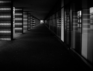 black and white image of an alley in hamburg, germany
