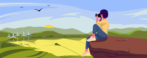 Summer vacation. Vector illustration - tourist girl photographing landscape,  mountains, hills, fields. Banner, site, poster template with place for your text.