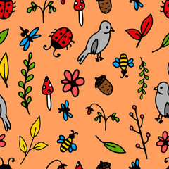 Seamless pattern in cartoon style. Bird, branches, berries, insects, leaves on an orange background. Nature, forest holidays, camping. Stock vector illustration