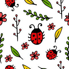 Seamless pattern in cartoon style. Leaves, berries, flowers, ladybug on a white background. Nature, forest holidays, insects. Stock vector illustration