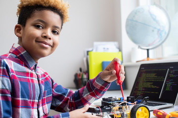 Portrait Of Male Elementary School Pupil Building Robot Car In Science Lesson - Powered by Adobe
