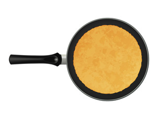 Pancake on frying pan. Object for packaging, advertisements, menu. Isolated on white. Vector illustration. Realistic.