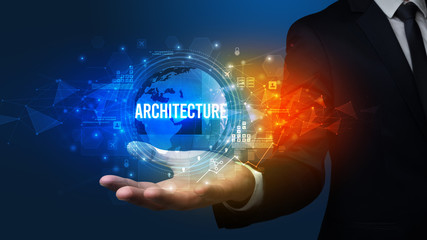 Elegant hand holding ARCHITECTURE inscription, digital technology concept