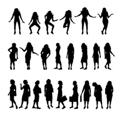 Vector silhouette of collection of women in different pose on white background. Symbol of people.