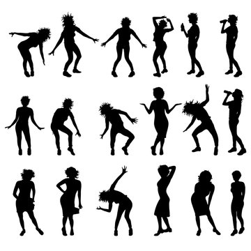Vector silhouette of collection of dancing women on white background. Symbol of people.