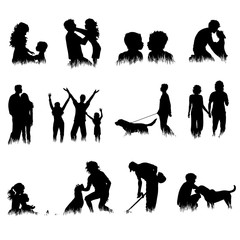 Collection of vector silhouette of people and animals in grass on white background. Symbol of sport.