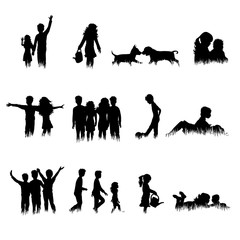 Collection of vector silhouette of children and animals in grass on white background. Symbol of childhood.