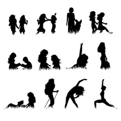 Collection of vector silhouette of people and animals in grass on white background. Symbol of sport.