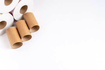Three rolls of toilet paper and three bushes from them lie on a white table in the upper left corner.