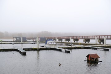 Fototapeta premium House for ducks and a birds floating next to it on the lake. Marina in Kamień Pomorski, Poland