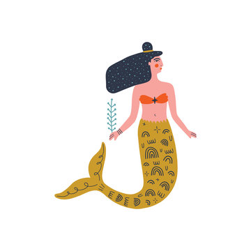 Flat cartoon boho hipster mermaid vector illustration